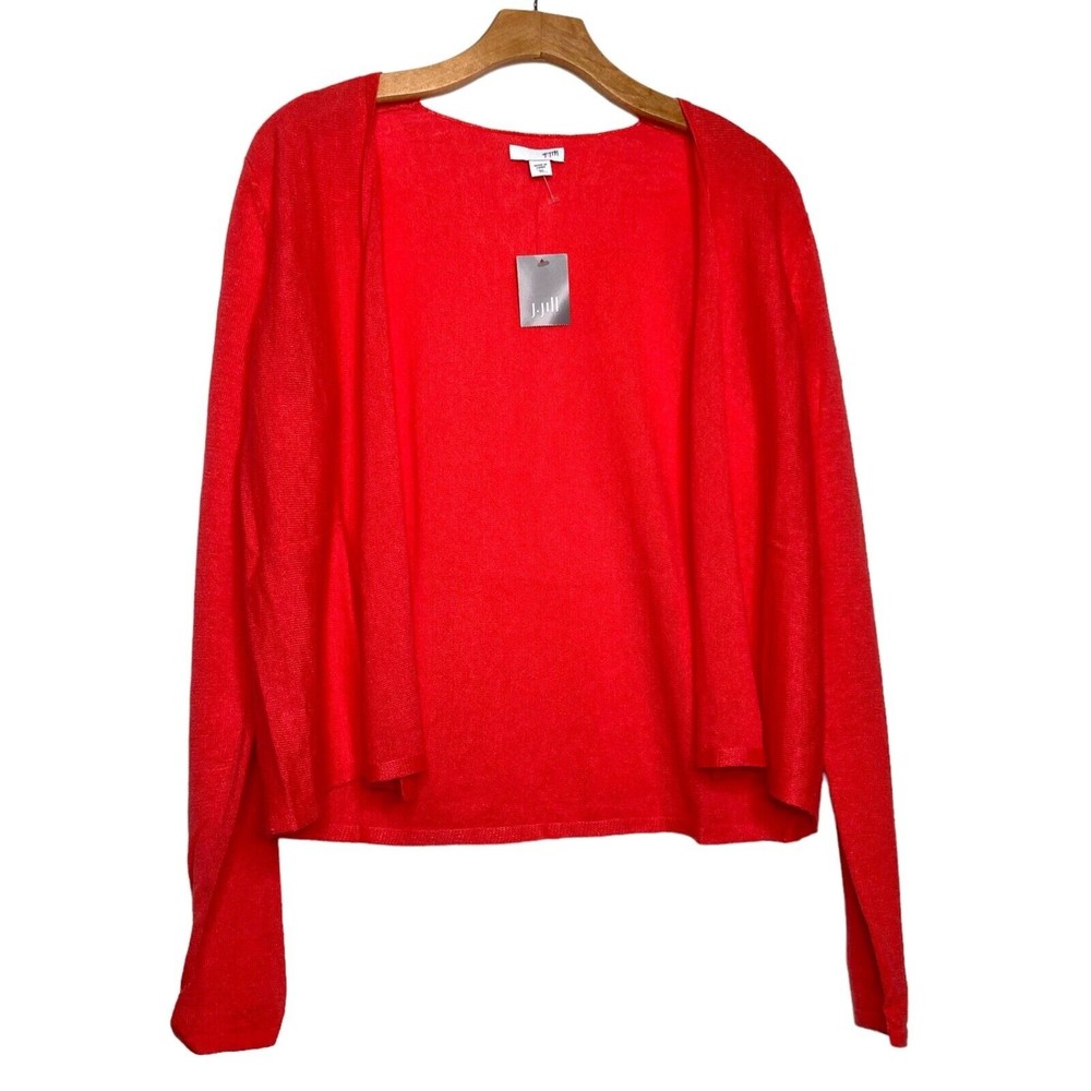 J Jill Red Coral Linen-Blend Open-Front Cardigan Sweater XS NWT